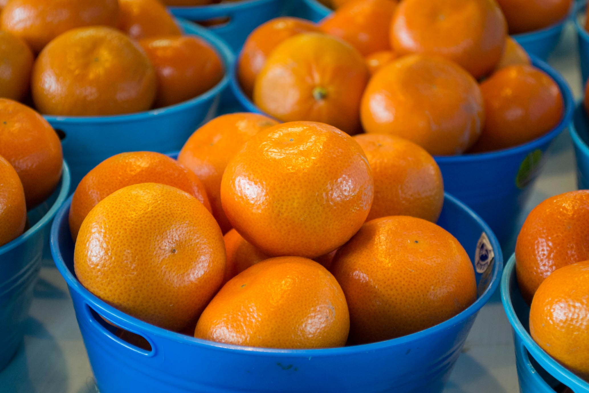 Des oranges dans une corbeille bleue, belle complémentarité